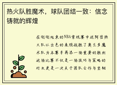 热火队胜魔术，球队团结一致：信念铸就的辉煌